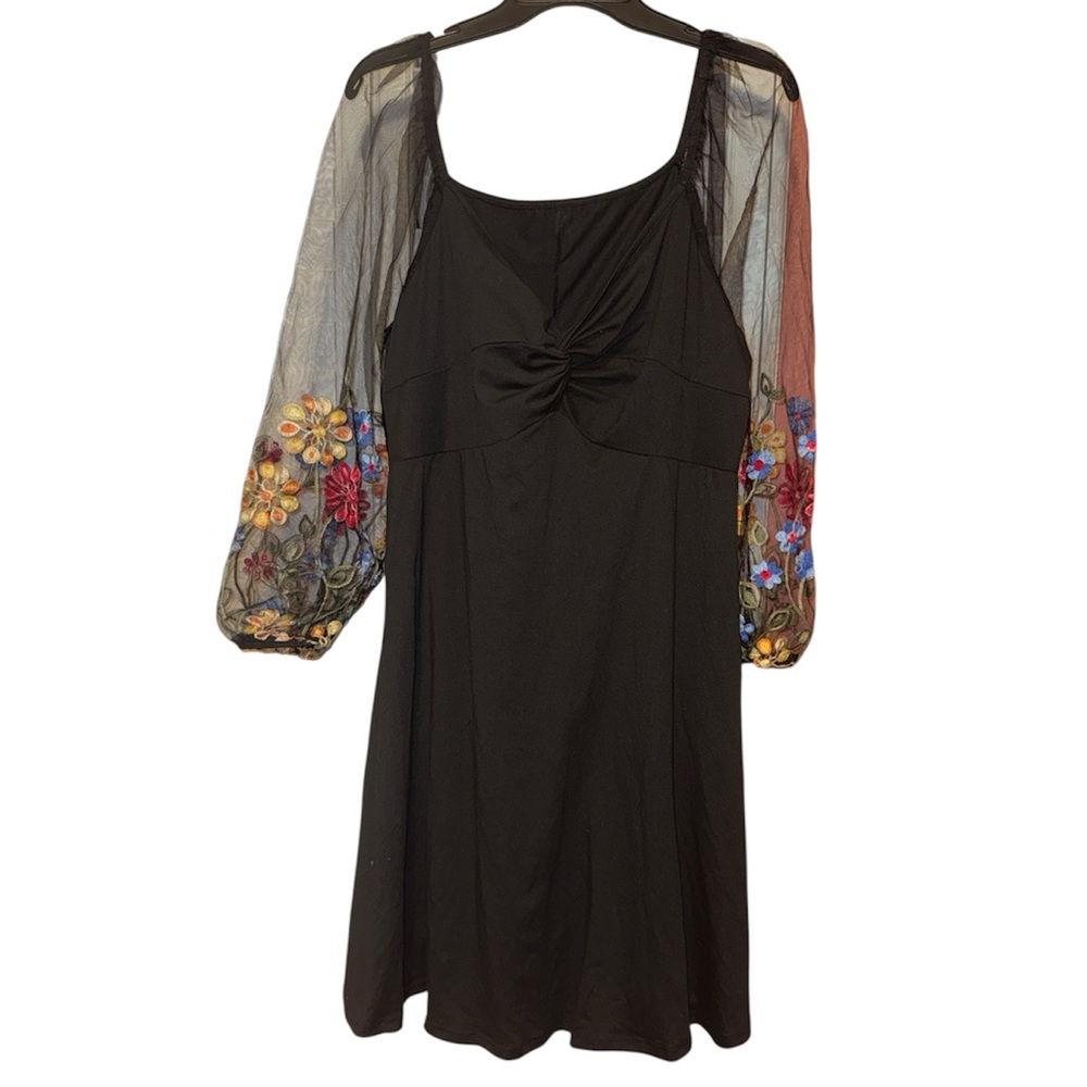 Ladies" Black A-line Dress With mesh Flowered  Lantern Sleeve Design